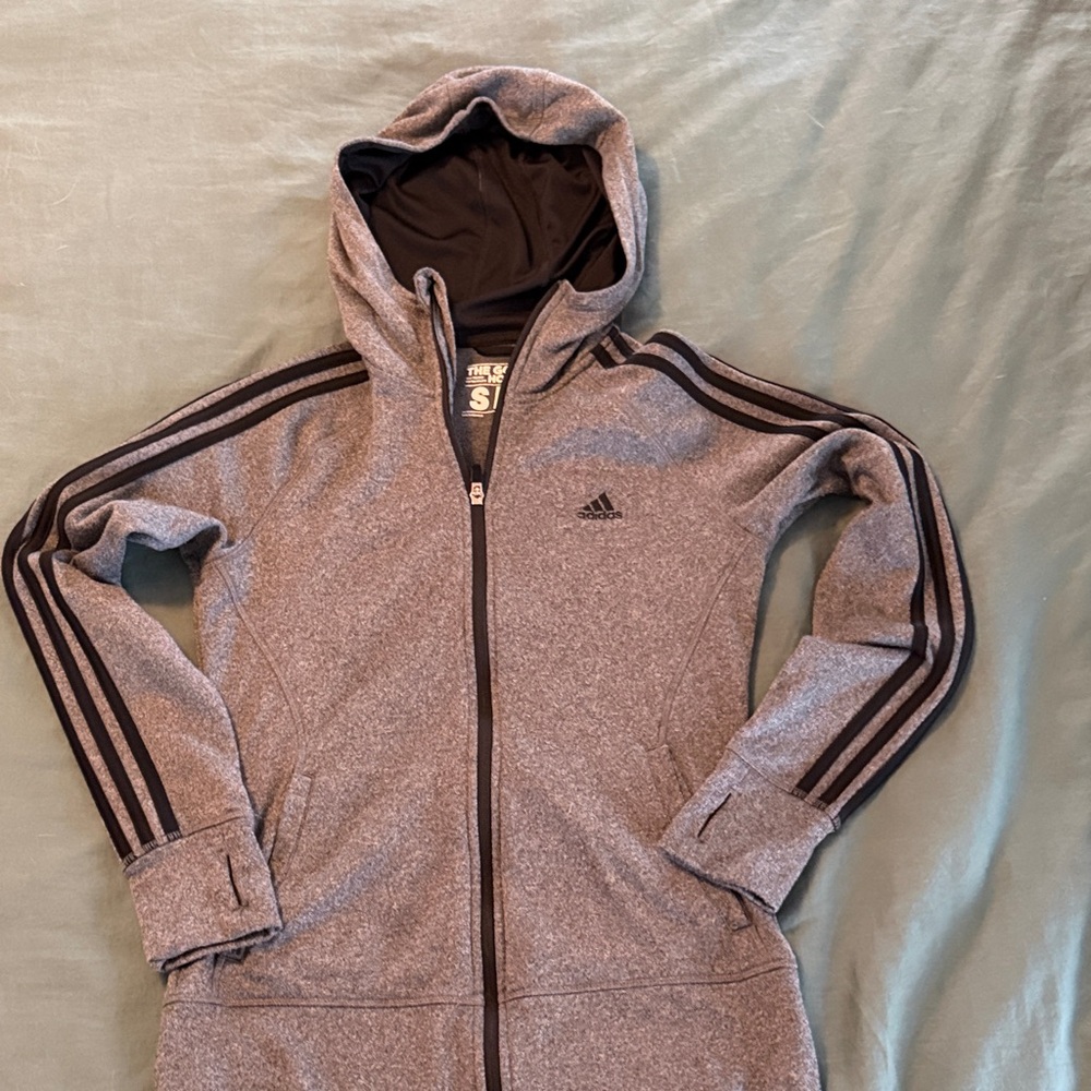 adidas women’s  Gray Hooded Zip-Up Jacket with Black Stripes
